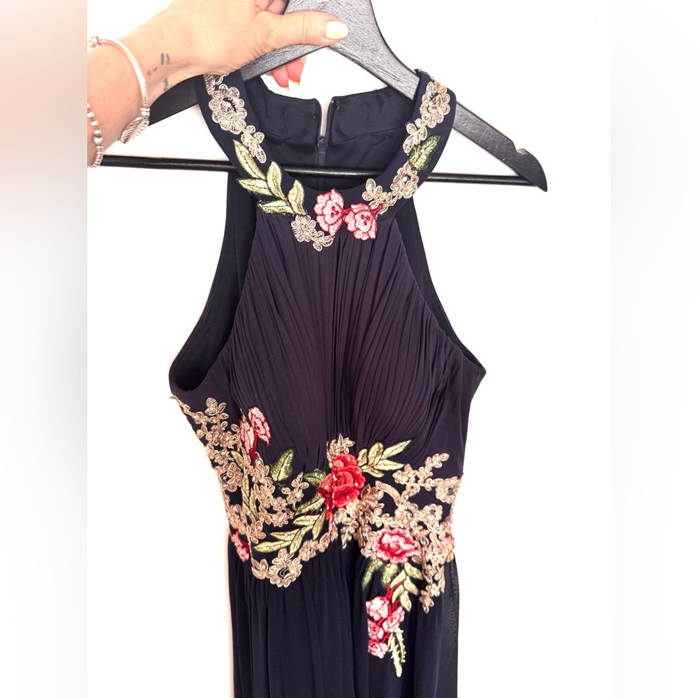 BETSY ADAM Navy Blue Halter Gown with Floral Embroidery